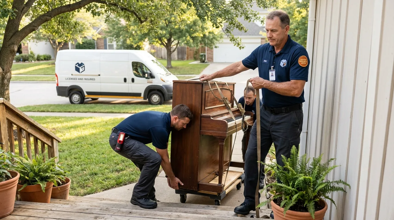 Licensed piano movers securing grand piano in Charlotte, MI