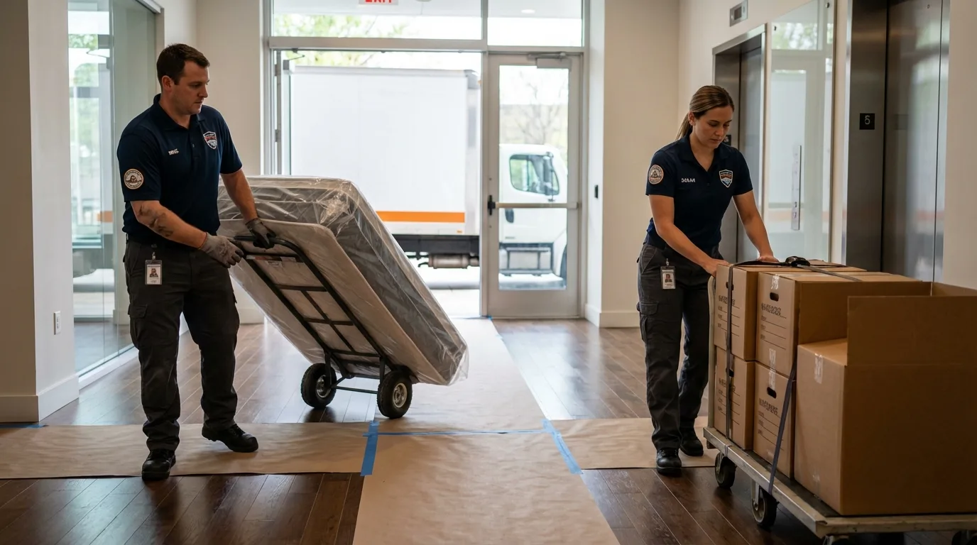 Professional apartment movers loading elevator in Charlotte, MI